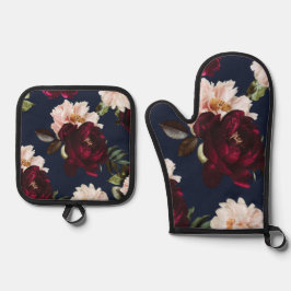 Set De Manoplas Oscuro Moody Burgundy Rubor Peony Floral Navy Azul