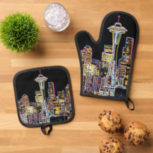 Set De Manoplas Oscuro sea la noche - Luminoso Skyline Seattle