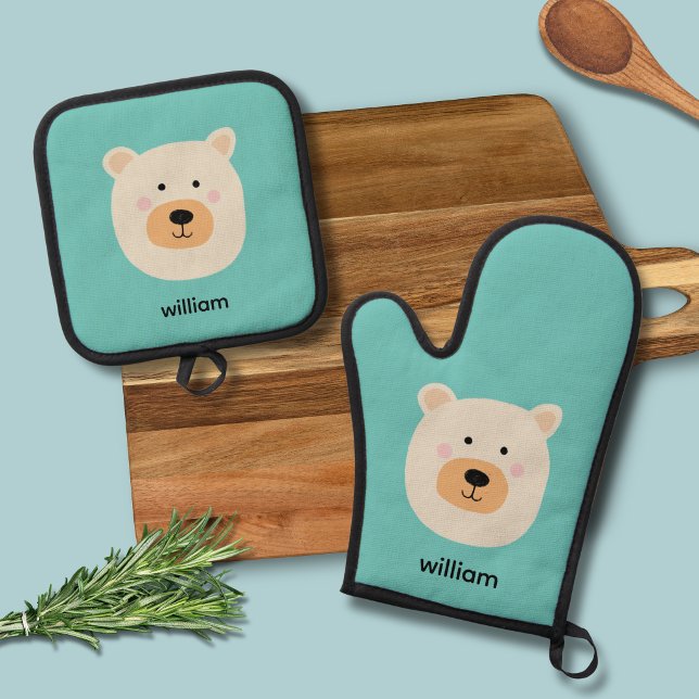 Set De Manoplas Oso blanco lindo (White polar bear kids oven glove mitt set with personalized name)