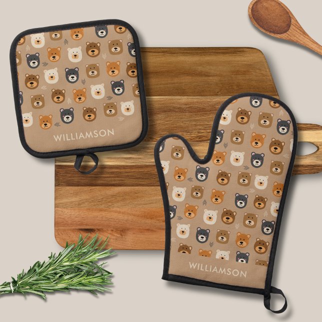 Set De Manoplas Oso bonito del bosque (Brown bear kids oven glove mitt set beige with personalized name)