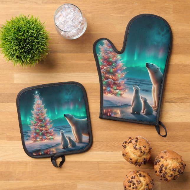 Set De Manoplas Oso Polar Mamá Cubre Árbol De Navidad Aurora Borea (De arriba hacia abajo)