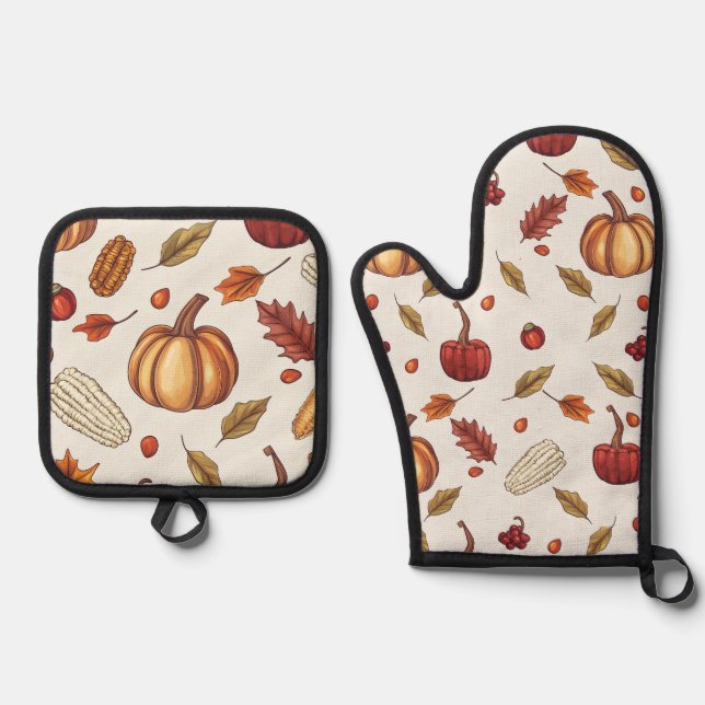 Set De Manoplas otoño cosecha otoño Acción de Gracias Apron (Anverso)