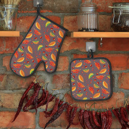 Set De Manoplas Otoño Hojas Nueces Patrón de castañas elegante Caí