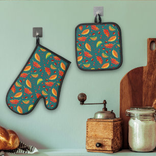 Set De Manoplas Otoño Hojas Nueces Patrón de castañas elegante Caí