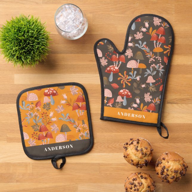 Set De Manoplas Otoño Mushroom & Botanical Pattern (De arriba hacia abajo)