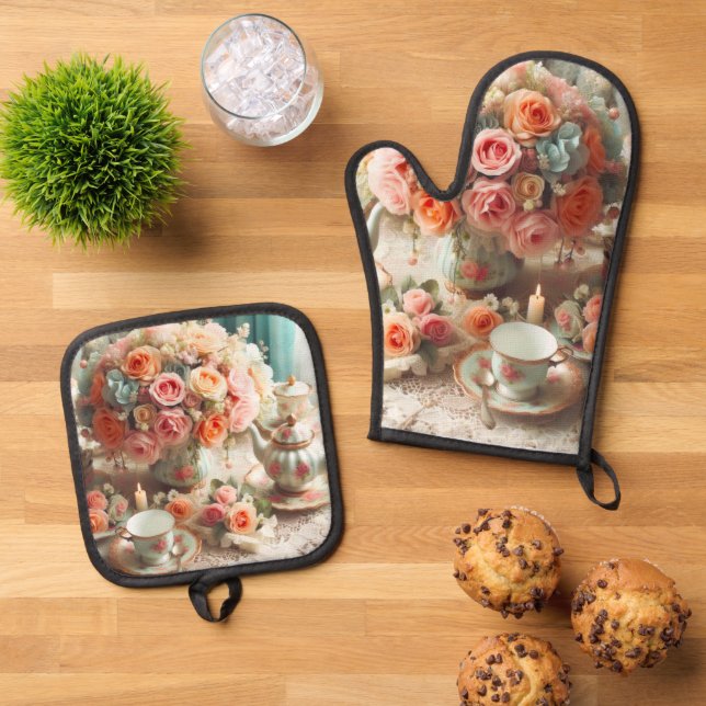 Set De Manoplas Oven Mitt, Fiesta de té rosado, y Pot Holders (De arriba hacia abajo)