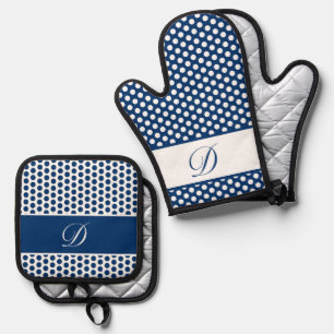 Set De Manoplas Oven Mitt & Pot de Polka-Dot Monogramado Azul y Bl