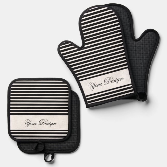 Set De Manoplas Oven Mitt & Pot Holder con estampado blanco y negr (Anverso/Reverso)