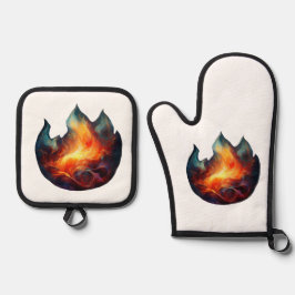 Set De Manoplas Oven Mitt & Pot Holder - Pintura de llamas