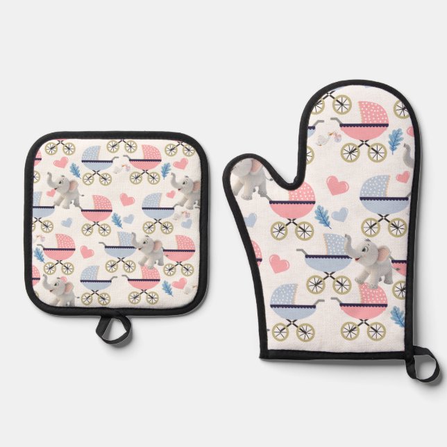Set De Manoplas Oven Mitt & Pot Holders Baby Stroller Elephant (Anverso)