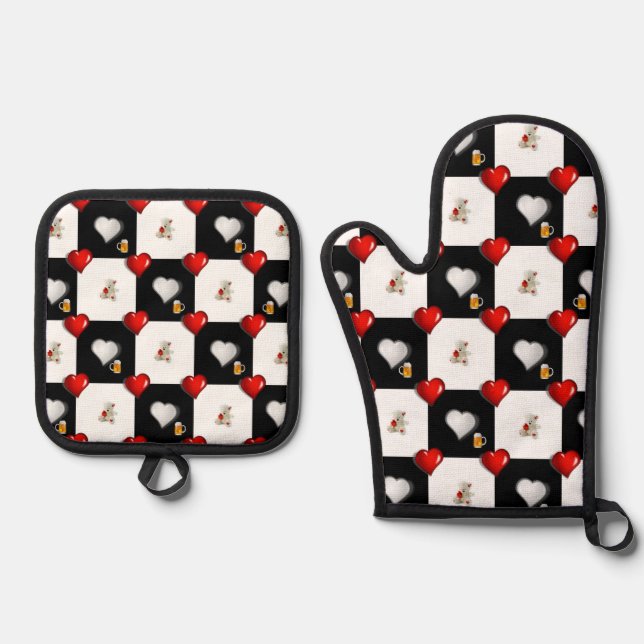 Set De Manoplas Oven Mitt & Pot Holders Beer Teddy Oear Hearts (Anverso)