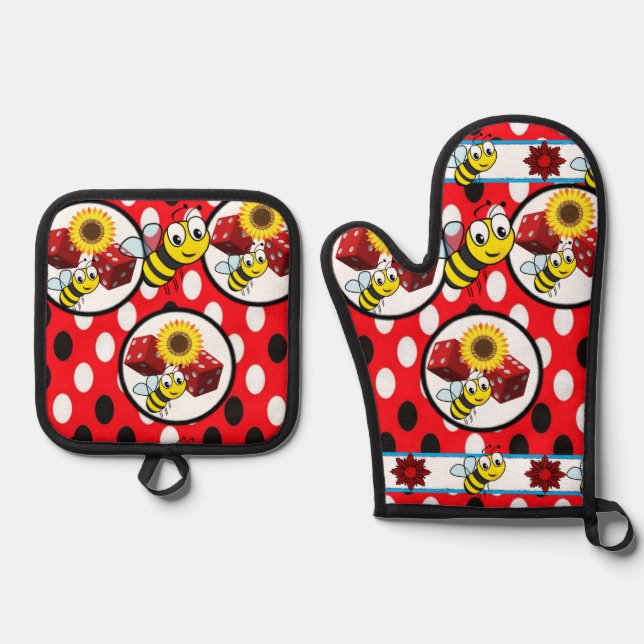 Set De Manoplas Oven Mitt & Pot Holders Bumblebee Dice Rojo (Anverso)