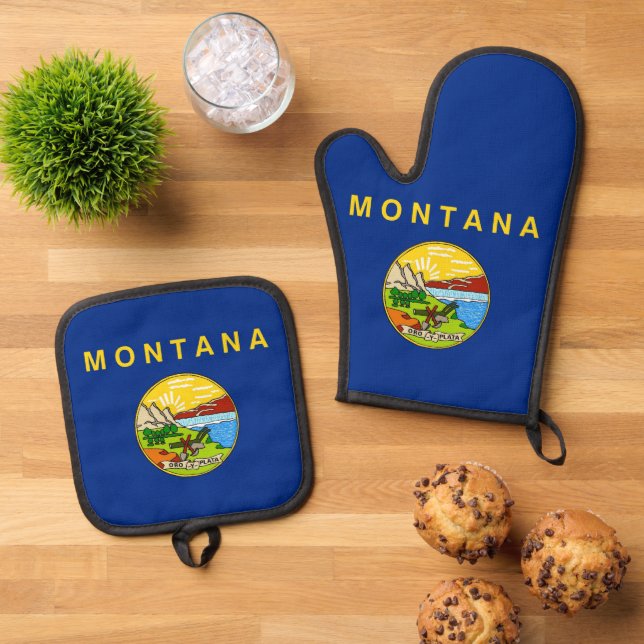 Set De Manoplas Oven Mitt, Pot Holders con bandera de Montana, Est (De arriba hacia abajo)