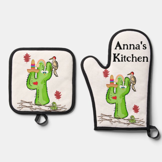 Set De Manoplas Oven Mitt & Pot Holders Desert Cactus (Anverso)