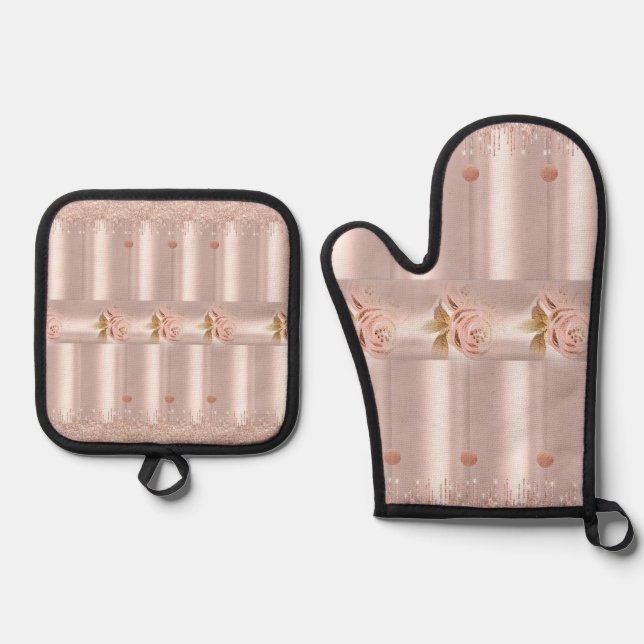 Set De Manoplas Oven Mitt & Pot Holders Purpurina Rosa (Anverso)