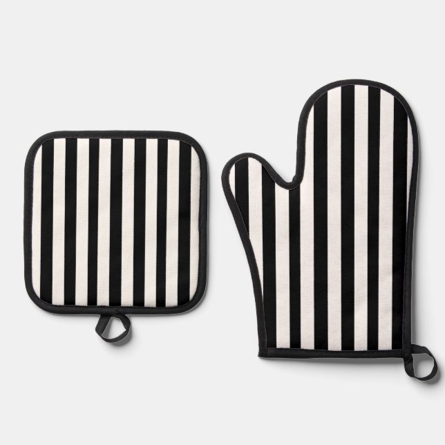 Set De Manoplas Oven Mitt & Pot Holding Banda blanca y negra (Anverso)