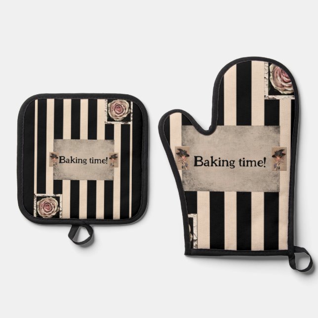 Set De Manoplas Oven Mitt & Pot Holding Black Baking Time (Anverso)