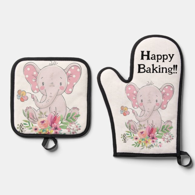 Set De Manoplas Oven Mitt & Pot Holding Elefante Rosa (Anverso)
