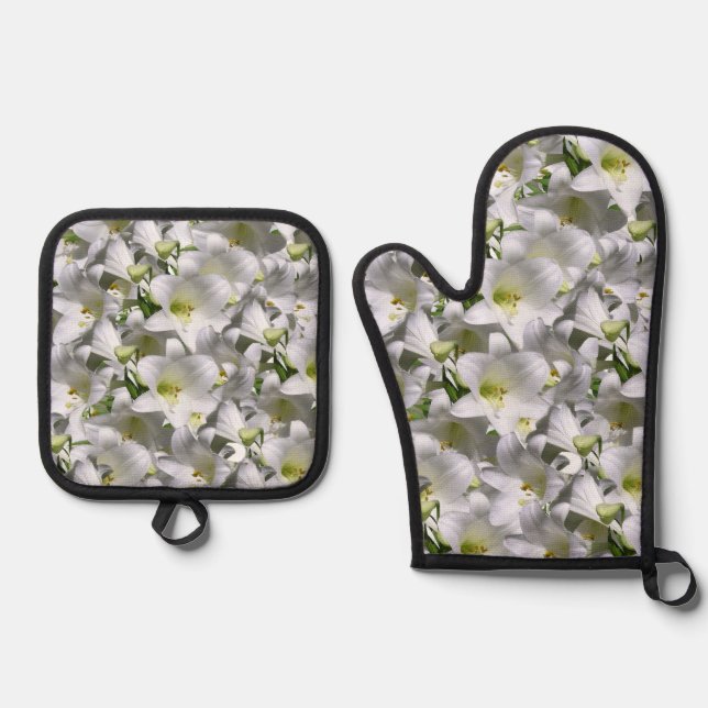 Set De Manoplas Oven Mitt & Pot Holding Floral blanca (Anverso)