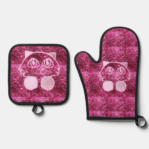 Set De Manoplas Oven Mitt & Pot Holding Gato Purpurina Rosa