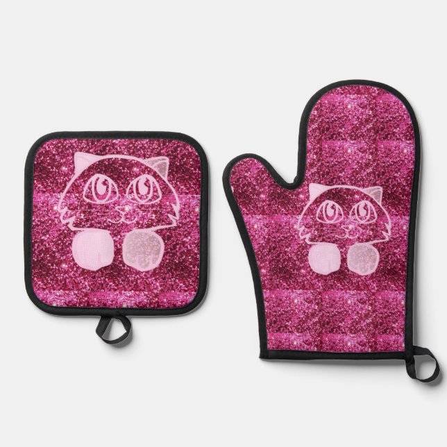 Set De Manoplas Oven Mitt & Pot Holding Gato Purpurina Rosa (Anverso)