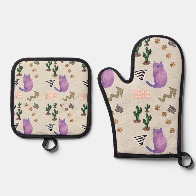 Set De Manoplas Oven Mitt & Pot Holding Gatos Kitten Meow (Anverso)