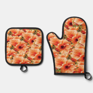 Set De Manoplas Oven Mitt & Pot Holding Naranja Floral