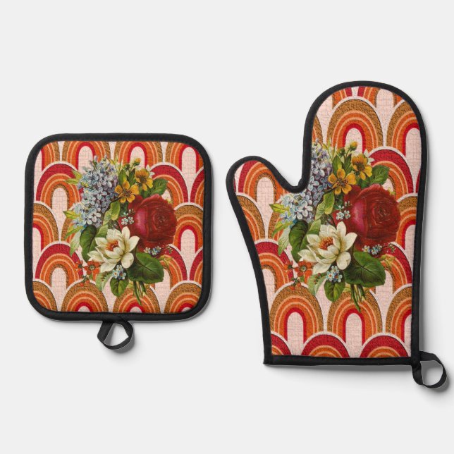 Set De Manoplas Oven Mitt & Pot Holding Naranja Rojo Floral (Anverso)