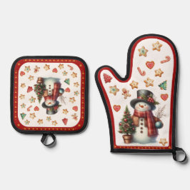 Set De Manoplas Oven Mitt Snowman and Christmas Cookies Red