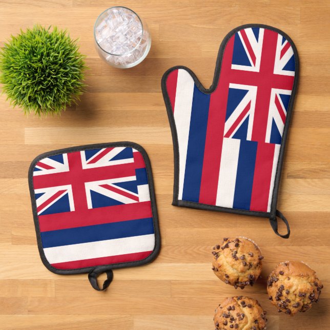 Set De Manoplas Oven Mitt y Pot Holders, bandera de Hawaii, Estado (De arriba hacia abajo)
