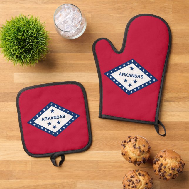 Set De Manoplas Oven Mitt y Pot Holders con bandera de Akansas, Es (De arriba hacia abajo)