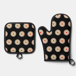 Set De Manoplas Oven Mitt y Pot Holders del Ornate Rojo Negro