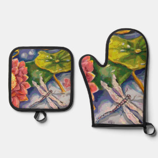 Set De Manoplas Oven Mitt y Pot Holders - Dragonfly & Waterlilly