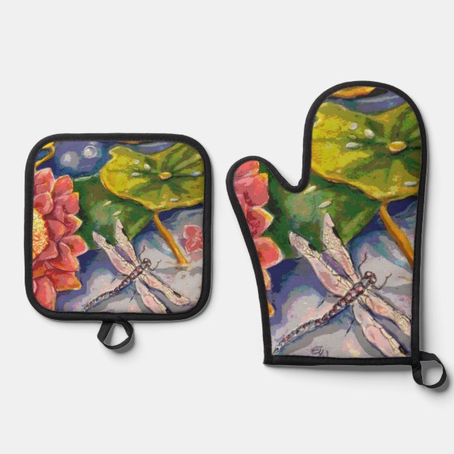 Set De Manoplas Oven Mitt y Pot Holders - Dragonfly & Waterlilly (Anverso)