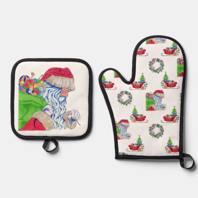 Set De Manoplas Oven Mitt y Potholder Holiday Santa (Anverso)