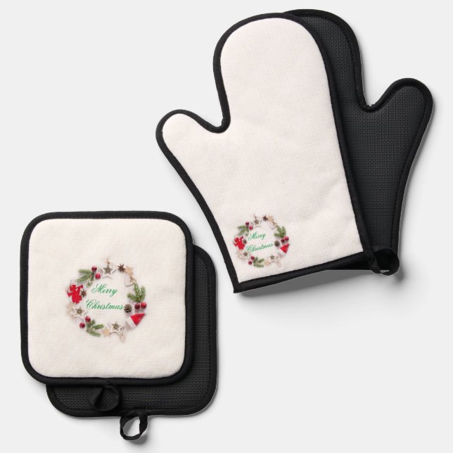 Set De Manoplas Oven Mitts & Pot Holders Feliz Navidad (Anverso/Reverso)