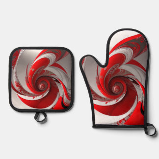 Set De Manoplas Oven/Red Swirl/Set/Oven Mitt y Pot Holders