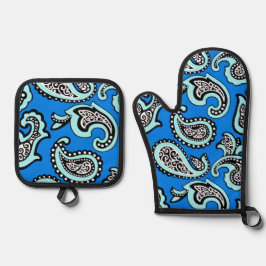 Set De Manoplas Paisley Atemporal sobre Fondo Azul
