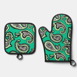 Set De Manoplas Paisley Atemporal sobre Fondo Verde