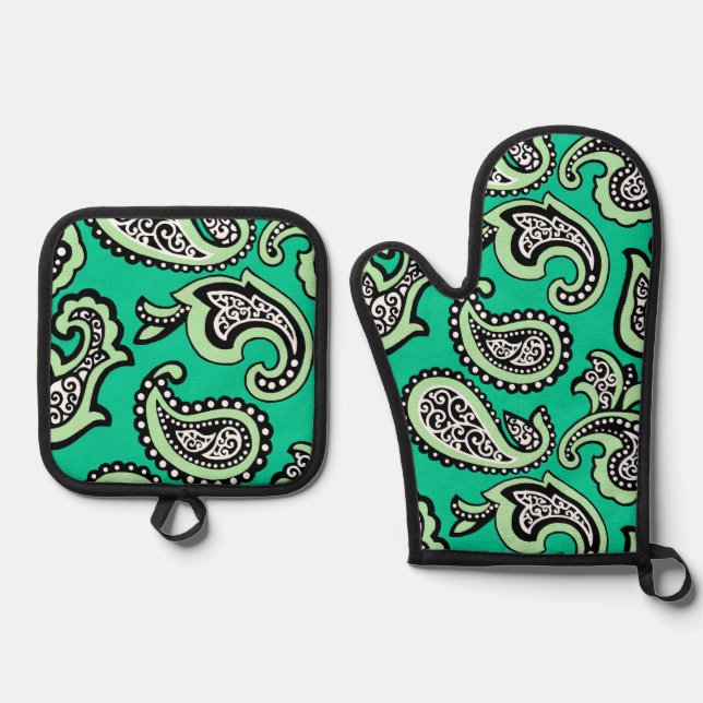 Set De Manoplas Paisley Atemporal sobre Fondo Verde (Anverso)