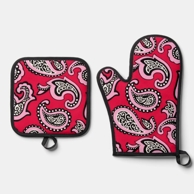Set De Manoplas Paisley Atemporal sobre Rojo (Anverso)
