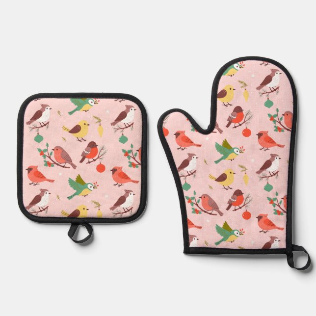 Set De Manoplas Pájaros de Navidad de Invierno (Anverso)
