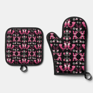 Set De Manoplas Pájaros rosados y blancos del folclore escandinavo