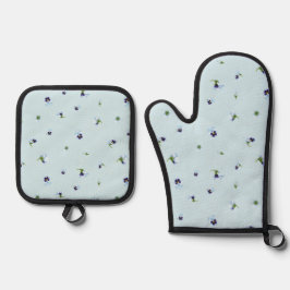 Set De Manoplas Pale Aqua Japanese Blue Pansy Floral Pattern
