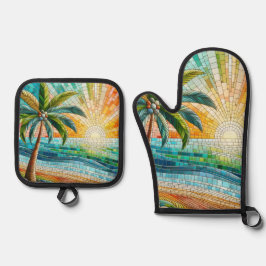 Set De Manoplas Palm Tree Mosaic Tropical Beach Sunset