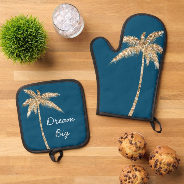 Set De Manoplas Palm Tree Purpurina Tropical Blue Gold (De arriba hacia abajo)