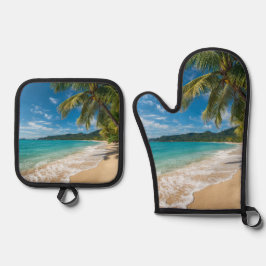 Set De Manoplas Palmeras Playa Tropical Océano