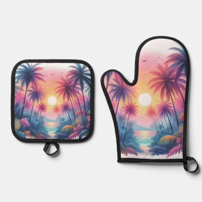 Set De Manoplas Palmeras Tropicales De Playa Rosa Sunset (Anverso)