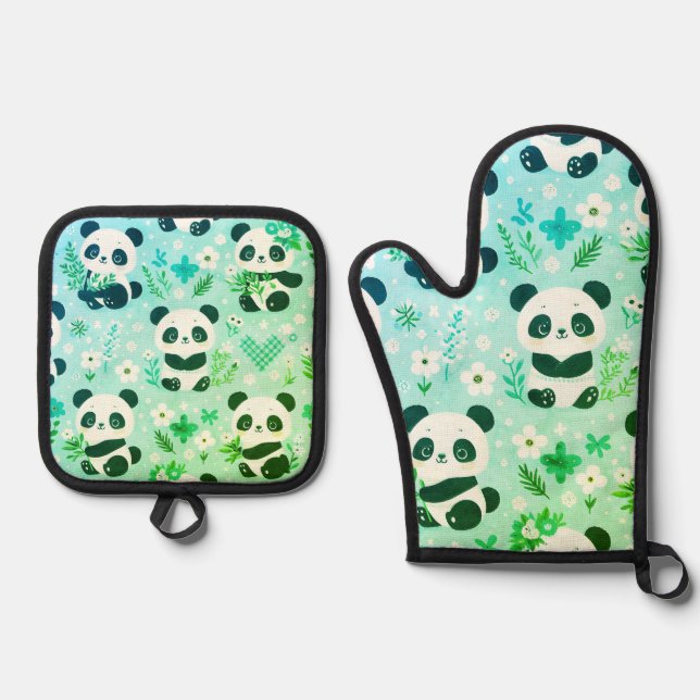 Set De Manoplas Panda Patrón de oso Impresión verde (Anverso)