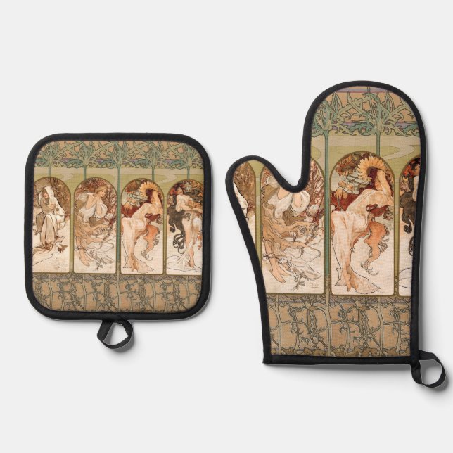 Set De Manoplas Panel Art Nouveau Alphonse Mucha Cuatro Estaciones (Anverso)